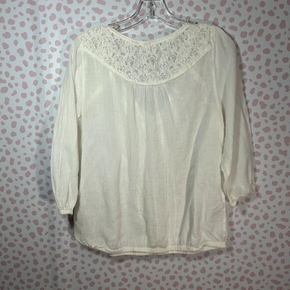 Mudd Women White L Top Boho Crinkle Gauzy Peasant Crochet Embroidered Flowy Lace - Picture 2 of 9